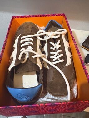 Authentic Tory Burch women’s  Brown Suede Sneakers with White Trim and Blue